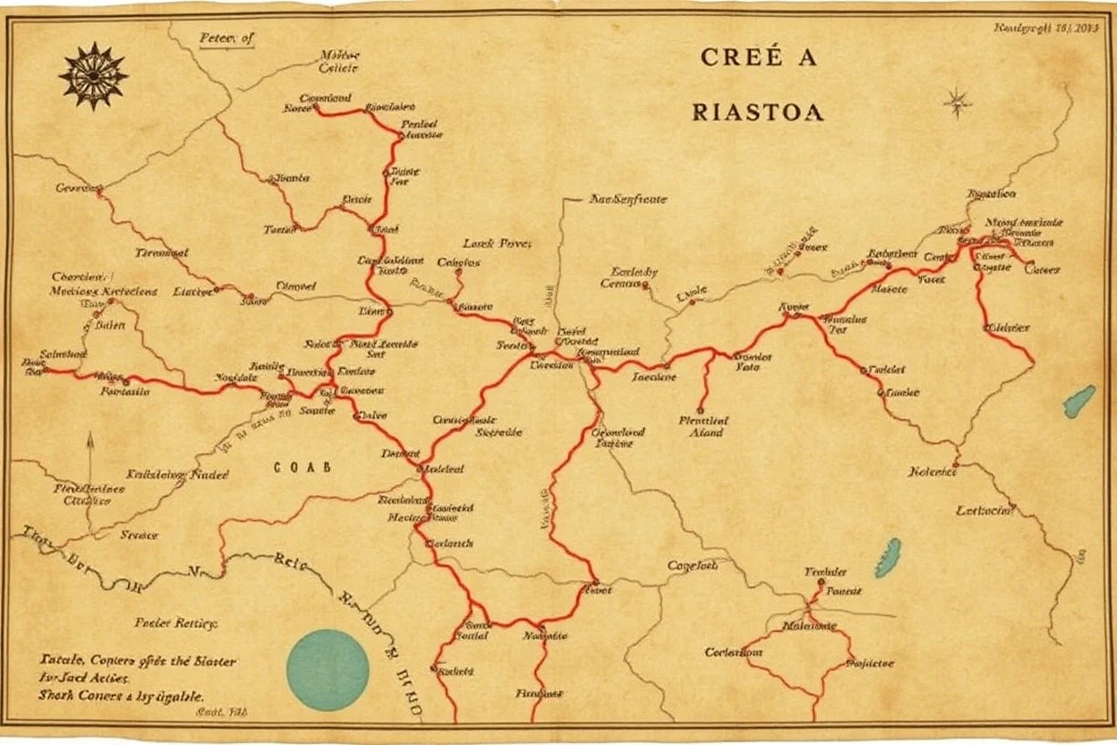 a scan of an ancient Cree Anishinaabe road map, hand drawn been stained and weathered, text is in Cree Syllabic