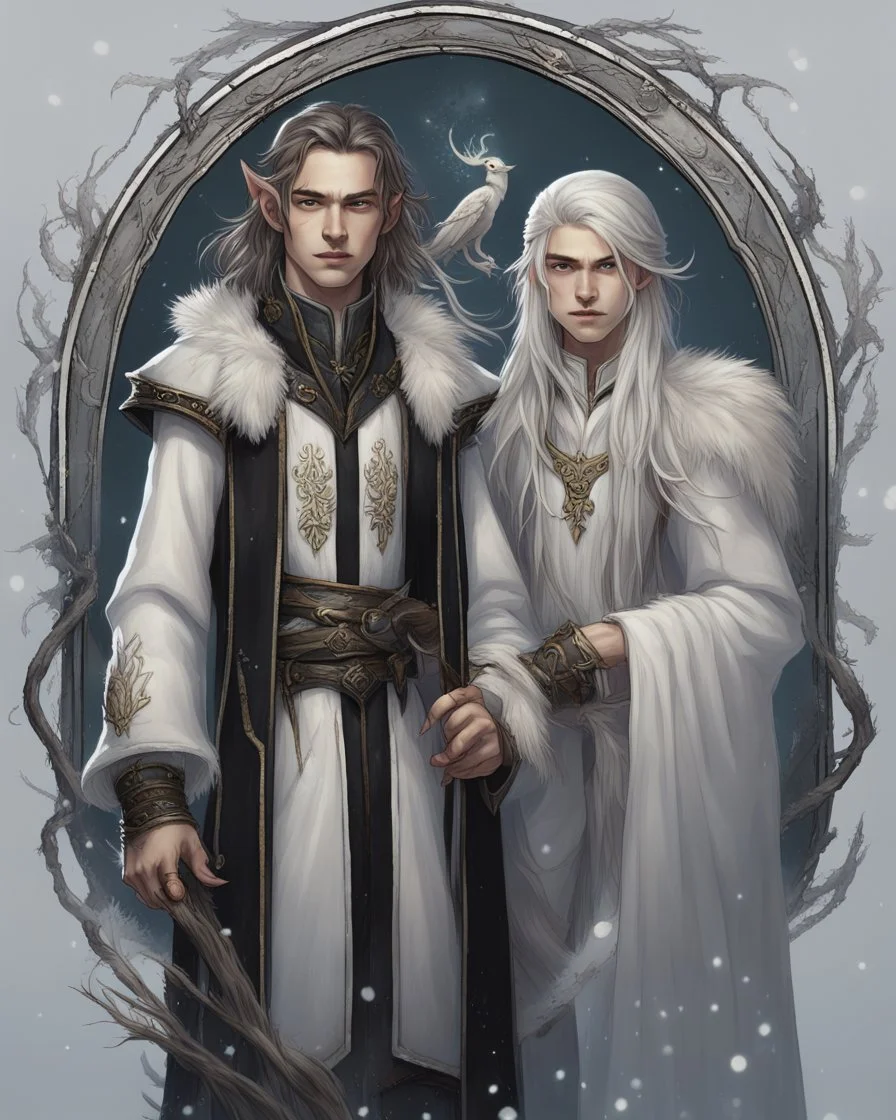 a young High Elf frost Wizard with long wiry hair, wearing a black trimmed white nobleman's robe and frost ornaments on clothes, with a weasel companion