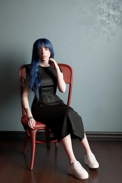 Billie Eilish, sitting on a chair, Black Short Dress, high detail, realistic, 8k