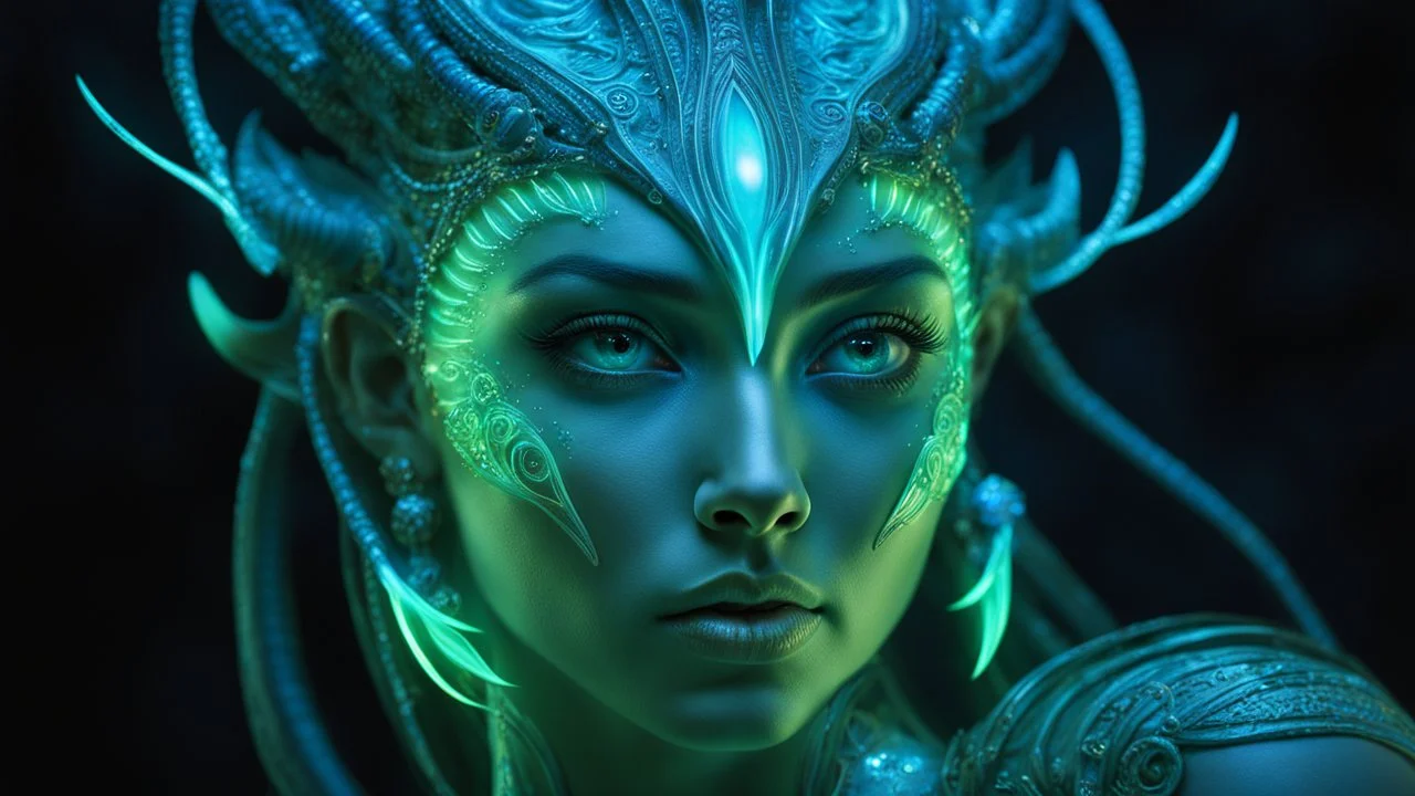 The photo features a bioluminescent and bioluminescent art style depicting a divine female alien god. Bioluminescent moist translucent glowing skin, ethereal glowing eyes, extra long neck, medium front third eye, large head fins and ear fins show off a charming, perfect face in ultra-realistic detail. The composition imitates a cinematic film with dazzling, gold and silver lighting effects. Intricate details, sharp focus, crystal clear skin create high detail.