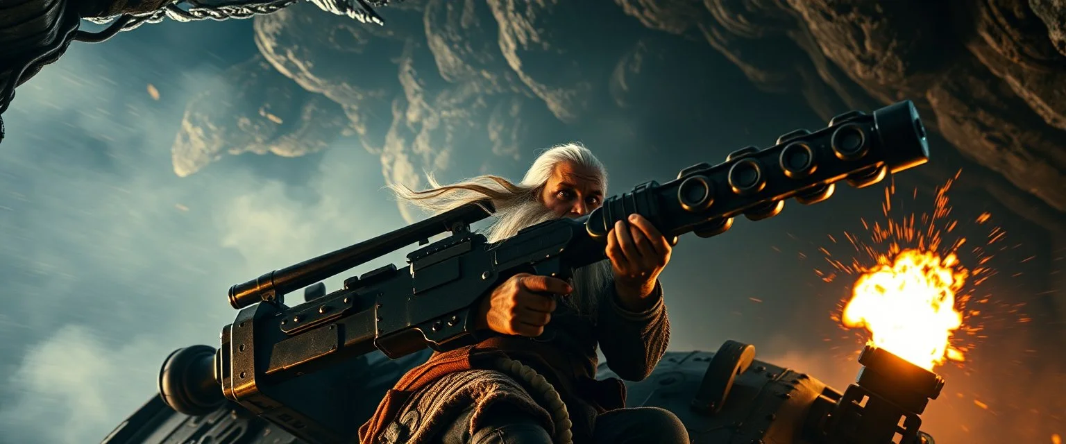 movie poster, portrait interview cowboy Albino Dwarf Spirit climbing outside space ship in cave holding huge mounted chain gun, motion blur, smoke and steam flashlights, flame squid whip, splashing explotion