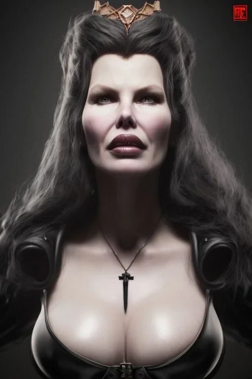 Kim Basinger as evil queen in black leather, busty, cleavage, curvy, angry, stern look. character design by cory loftis, fenghua zhong, ryohei hase, ismail inceoglu and ruan jia. unreal engine 5, artistic lighting, highly detailed, photorealistic, fantasy