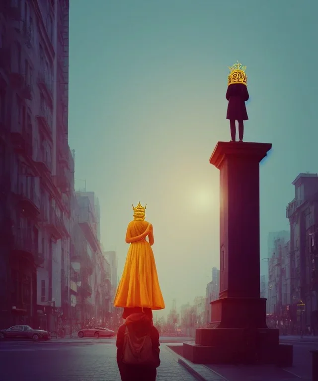 Statue of Queen of photography. Cute blonde woman. Photographer in golden crown. Standing on the street. Big camera in her hand. hyperdetailed, photorealistic, trending on artstation, greg rutkowski, beksinski, kodachrome, lomography, golden hour, bokeh, volumetric light