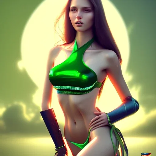 Voluptuos beautiful atletic woman with green eyes realistic in bikini armor flirting