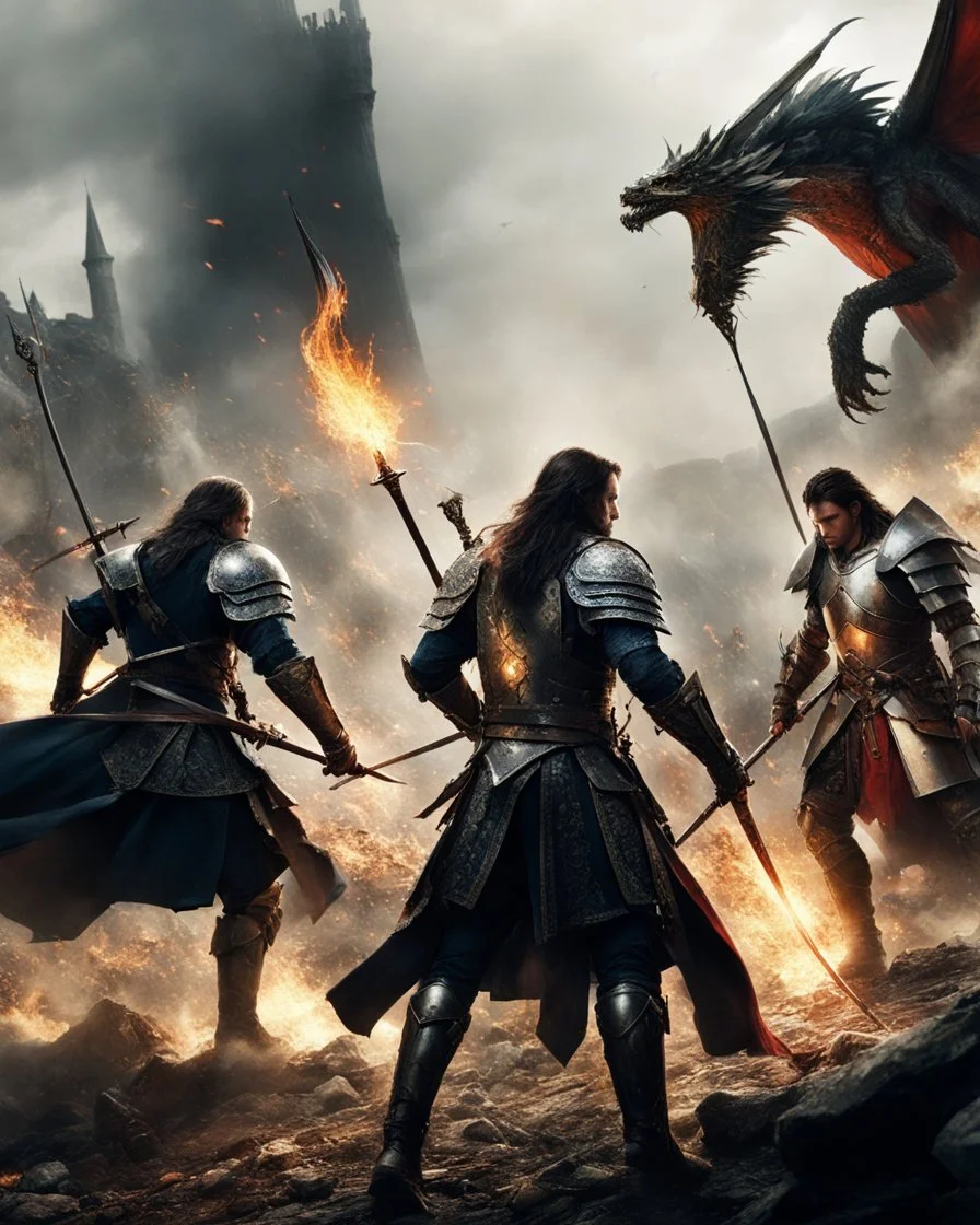 Realistic Photography A dramatic battlefield intense scene featuring several characters, in medieval setting. One character on the left is holding a sword, wearing armor and has long hair. Another character in the middle is wielding a bow and arrow, ready to shoot. On the right, there's another character holding up a torch with one hand and wielding a sword with the other. There are dragons flying in the sky amidst clouds and sunlight breaking through them, adding an epic feel to the scene. A ca