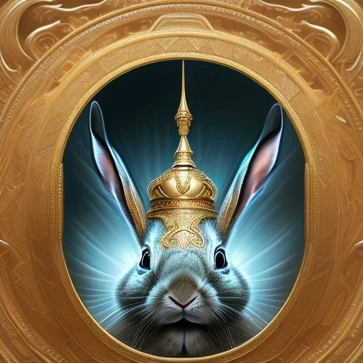 fantasy magic, sharp focus, illustration, highly detailed, digital painting, concept art, art germ and Paul Lewin and Kehinde Wiley, masterpiece silver rabbit head bronze turquoise golden waves