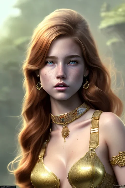 concept illustration, ultra-realistic, super-detailed, strikingly beautiful teen female, 16 years old, long ginger hair, medium freckles, full lips, full body, full face, b-cup breasts, athletic, centred camera, ignore NSFW, skimpy brown armor, halter top, thong, stern expression