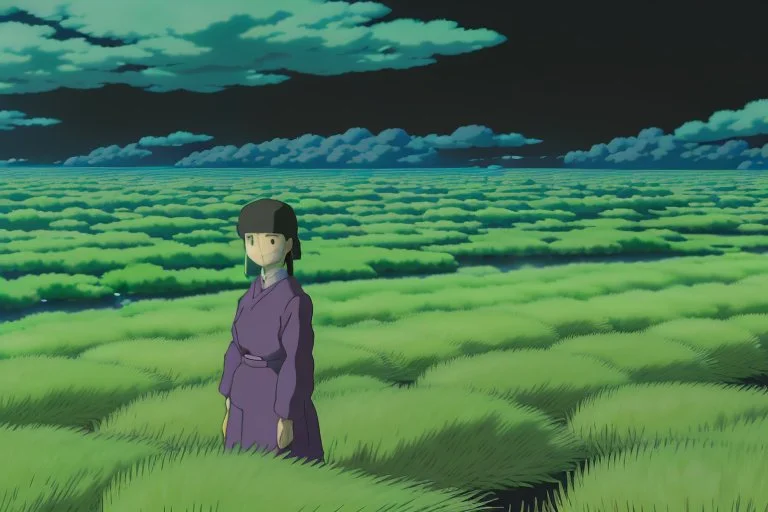 A haunting portrait of Yui in her oxygen farming gear, standing in the middle of her dying biodome. The dome's once vibrant green hues are fading into a somber brown, reflecting the ominous Alberta forest fires in the backdrop.