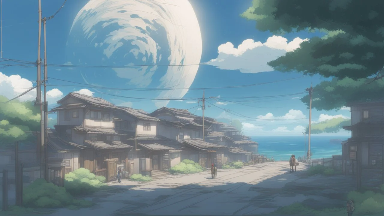 giant half transparent moon, glitchy, blurry, mechanical, sci-fi, maximum quality, centered on frame, far view, seasidel, white sky with cumulonimbus, anime, makoto shinkai style, seaside japanese village