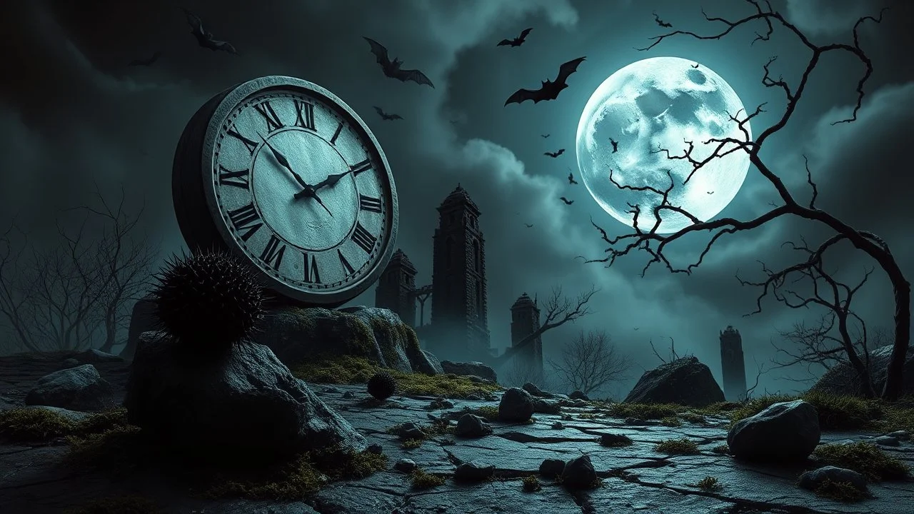 surreal dreamlike scene, nightmare on eart and in sky, midnight in the garden of death, some small black prickly balls on the earth and on sky, mystic gloomy, surreal dark shadows and pale light, stones, cracked eart, dark winter-like vibe, dark weird shapes floatings ,come strom , dark green moss, weird giant black musroom, bats on sky, branch on eart, ruins, rock, deep dark colors, dark twisting tendrils around big clock ,Clock Midnight, white-blue moon with black darkness, wind, fog, detail