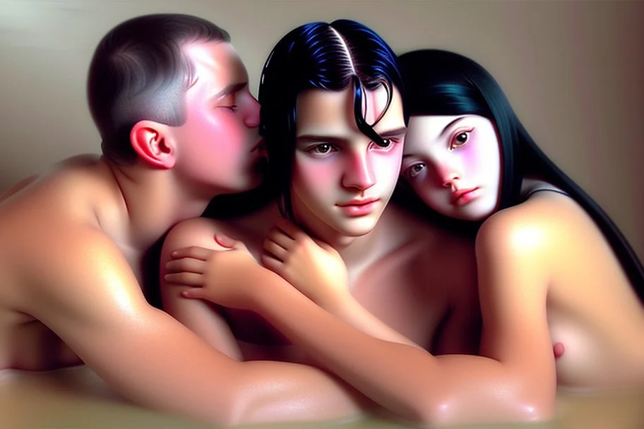 digital art of beautiful young black hair teenage girls with dad in the bedroom in a bathtub with grandpa hugging bare lips