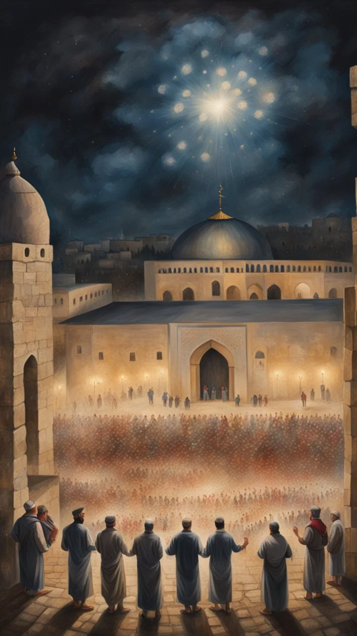 Hyper Realistic Painting of areal view of Palestinian men worshipping outside Al-Aqsa Mosque at night with celebration lights on a vintage rustic grungy paper