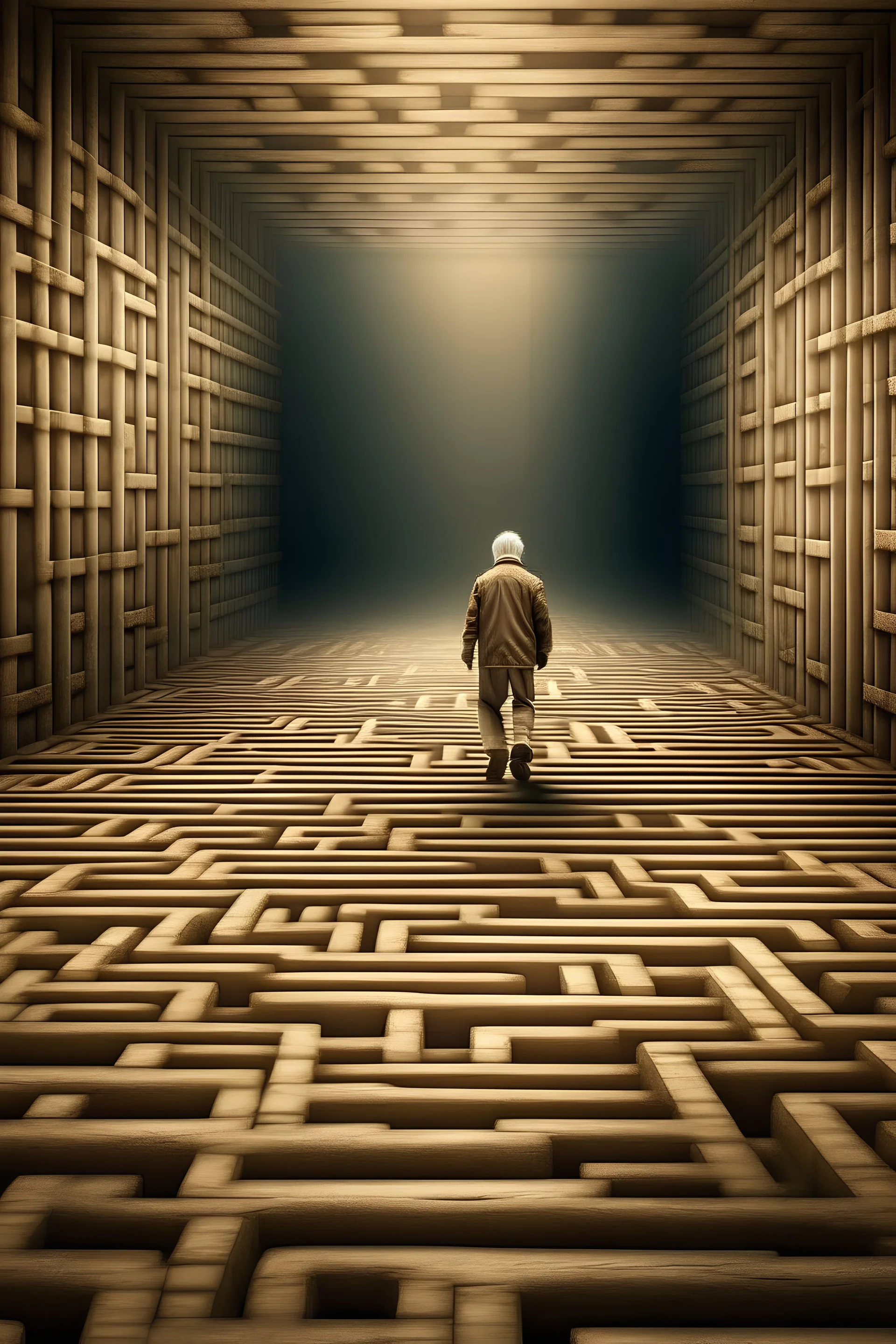 A rather old man was walking in the middle of the maze, and finally found a path that led to a bright place.