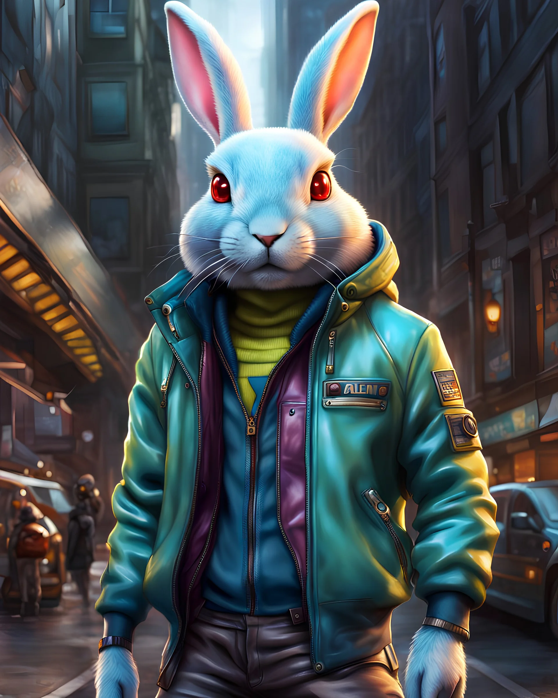 Conejo alienígena antropomorfico con chaqueta, Jens, tennis y gorra en la ciudad, full body, arte anime, calidad ultra, hiperdetallado, maximalista, increíble obra de arte, 12k