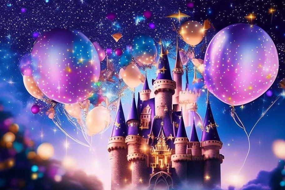 a sparkling star in the festive sky, an enchanting castle at the heart of the celebration, and joyful elements like balloons and confetti. Capture the essence of turning every moment into a magical adventure, embodying the fusion of festivity and magic.