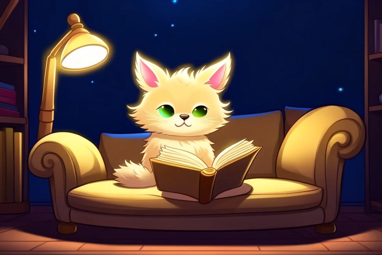 cute chibi fluffy beige bioluminescent cat reading a book sitting on a sofa next to a glowing tiffany lamp in a modern room