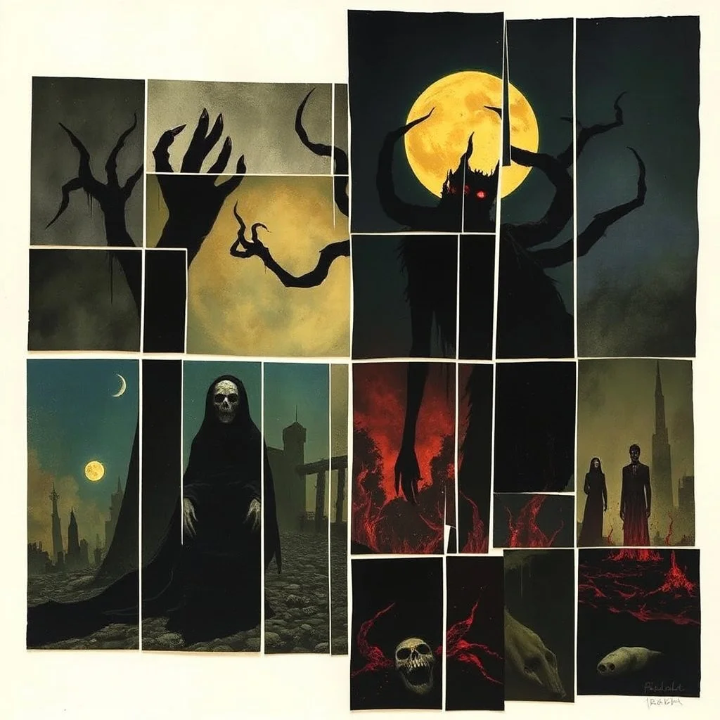 nihilism, mourning damned souls in hell, gestalt regression, segmented color illustration, by Dave McKean and Graham Sutherland, surreal, horror, fragmented collage, minimalist, overlapping cel boxes shuffled and offset composition, moody, sinister