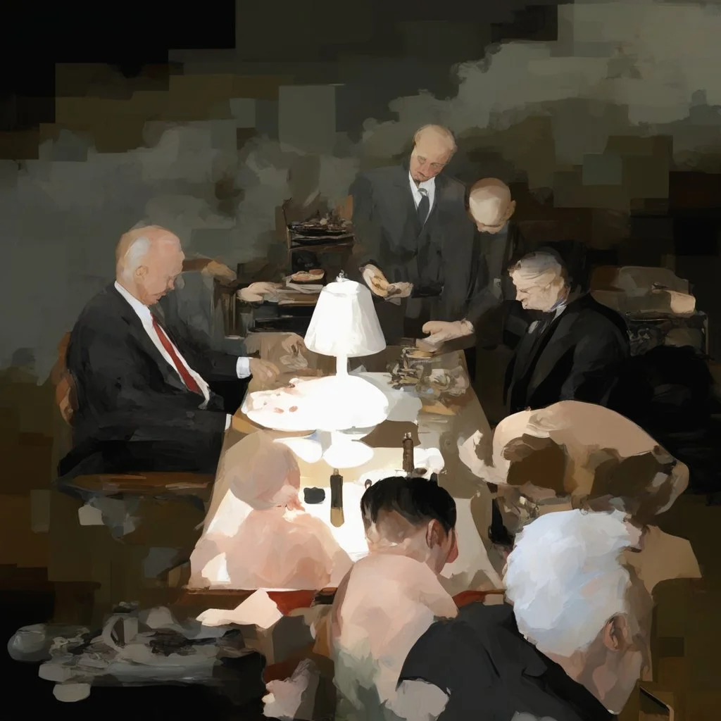 Putin, President Xi Of China And Joe Biden Play Chess With Atomic Bomb Mushroom Cloud,Complex Surgical Instruments Intermixed With A Newborn Boy,Minimalism,Painting By Adrian Ghenie,Rene Magritte,Pablo Picasso,Michelangelo,Salvador Dali,Lucian Freud