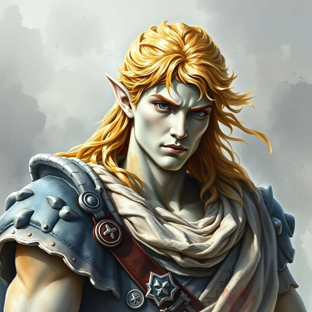 fantasy, dramatic portrait, marble statue of an elf male, watercolour, golden hair, warrior, mighty, righteous