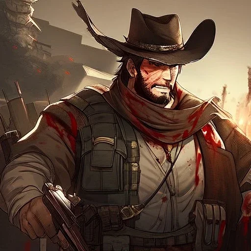 Portrait, bearded, Gunslinger, Cowboy, cowboy hat, serious face, Blood Splatter