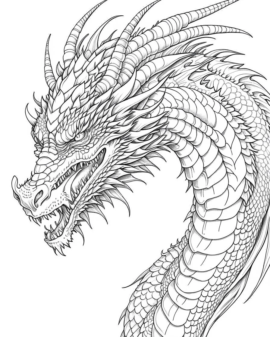 coloring image of dragon, line art, realistic, white background