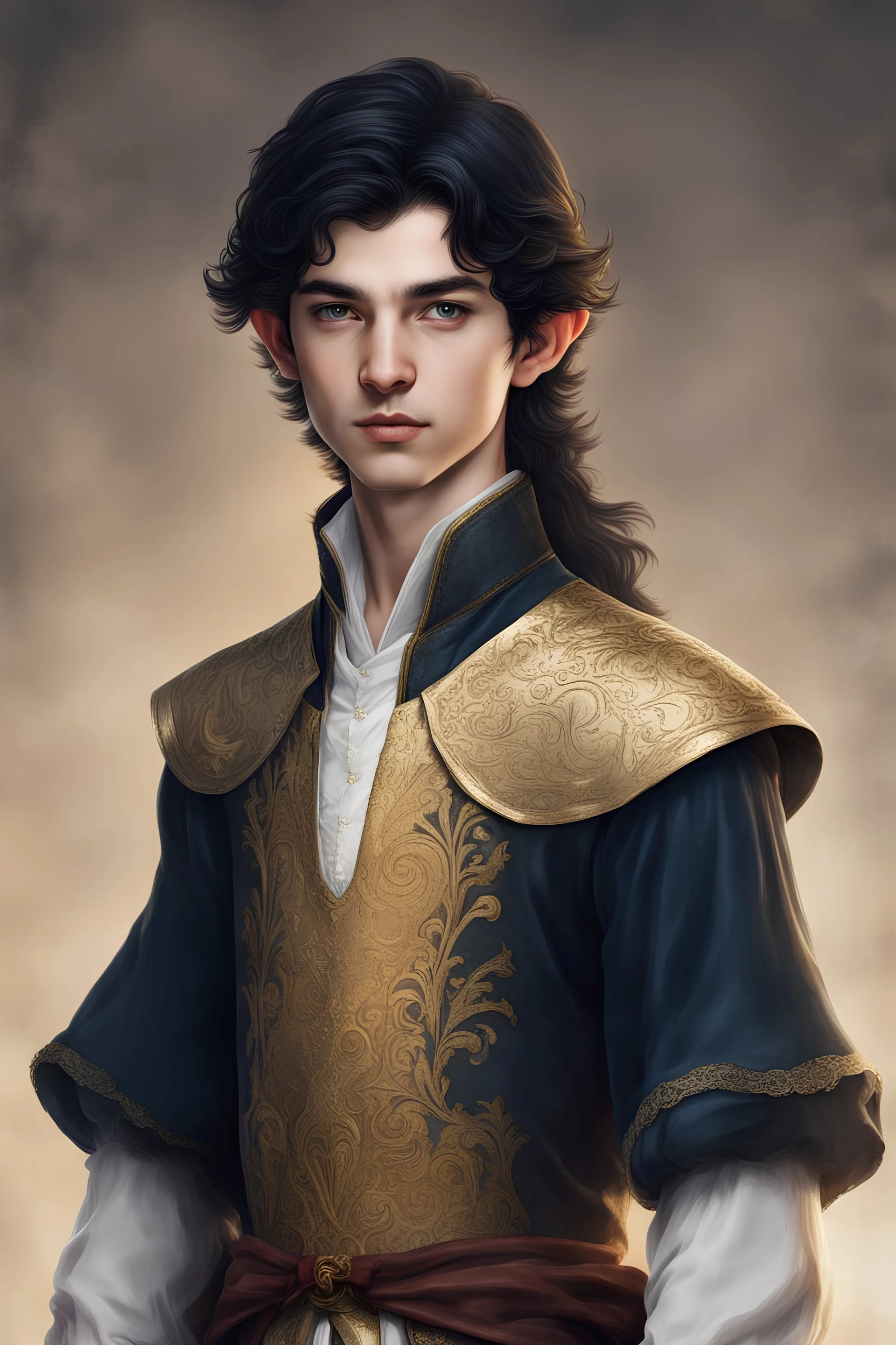 Young elven boy of seventeen years old, with black hair and golden eyes, dressed in aristocratic clothes from the 16th century.