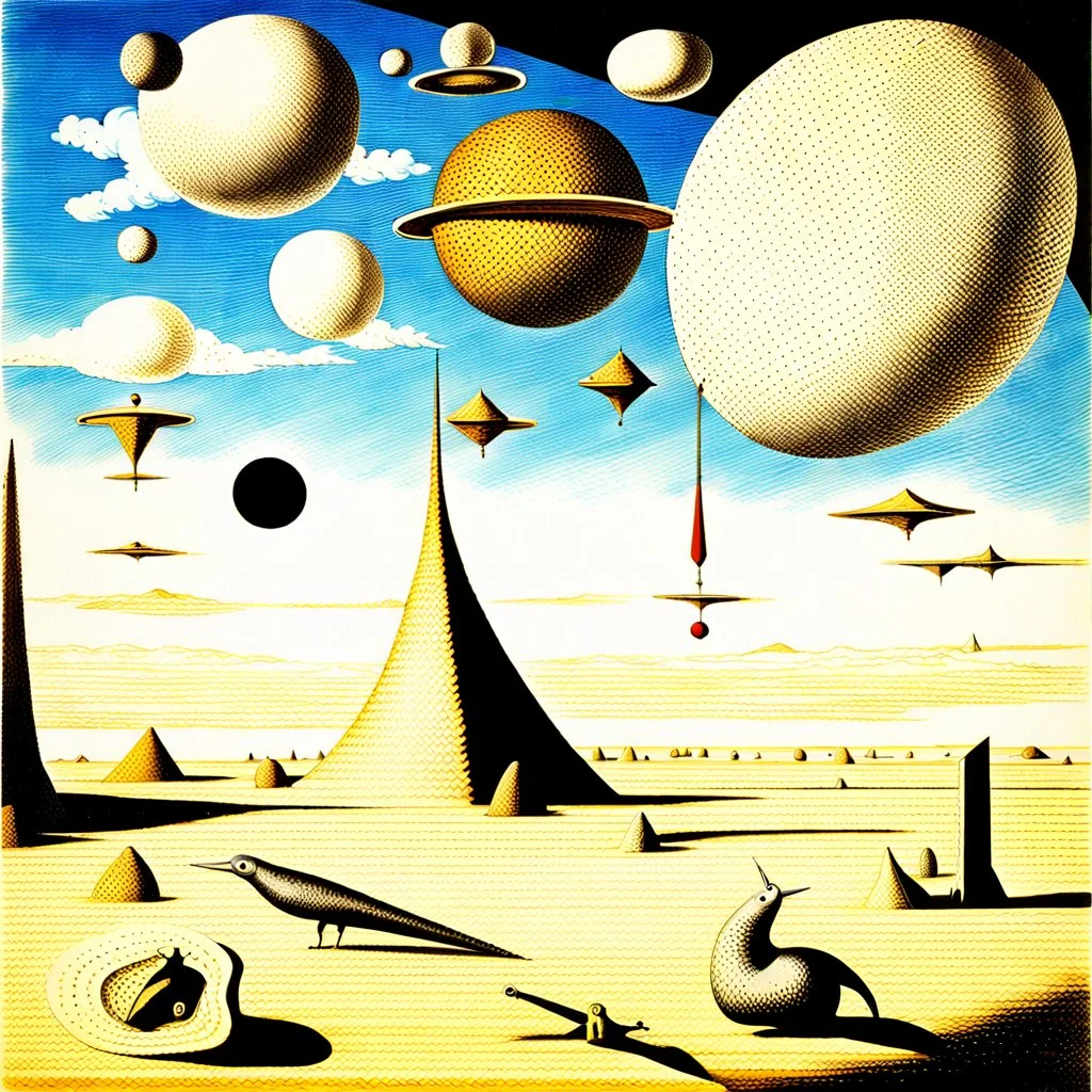 Strange objects of various shapes, scattered over a place, clouds, Max Ernst, Audubon, Amano, Walton Ford, Yves Tanguy