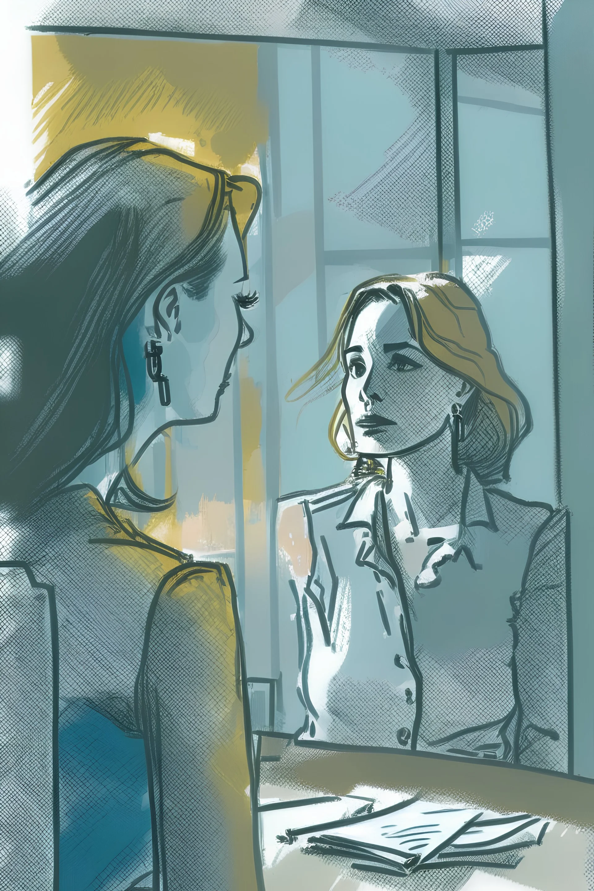 woman talking to someone in office with big windows sketch style with a bit color