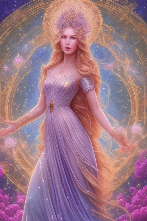 Create an image of a full body cosmic Goddess. The goddess should be depicted as a beautiful and powerful figure, surrounded by cosmic stars. Her hair should be long, blond and flowing, and she should be dressed in a flowing gown blue celestial robe. In the background, include imagery of pink flowers, blue sky,trees. The image should evoke a sense of joy, celebration, and spiritual connection to nature.