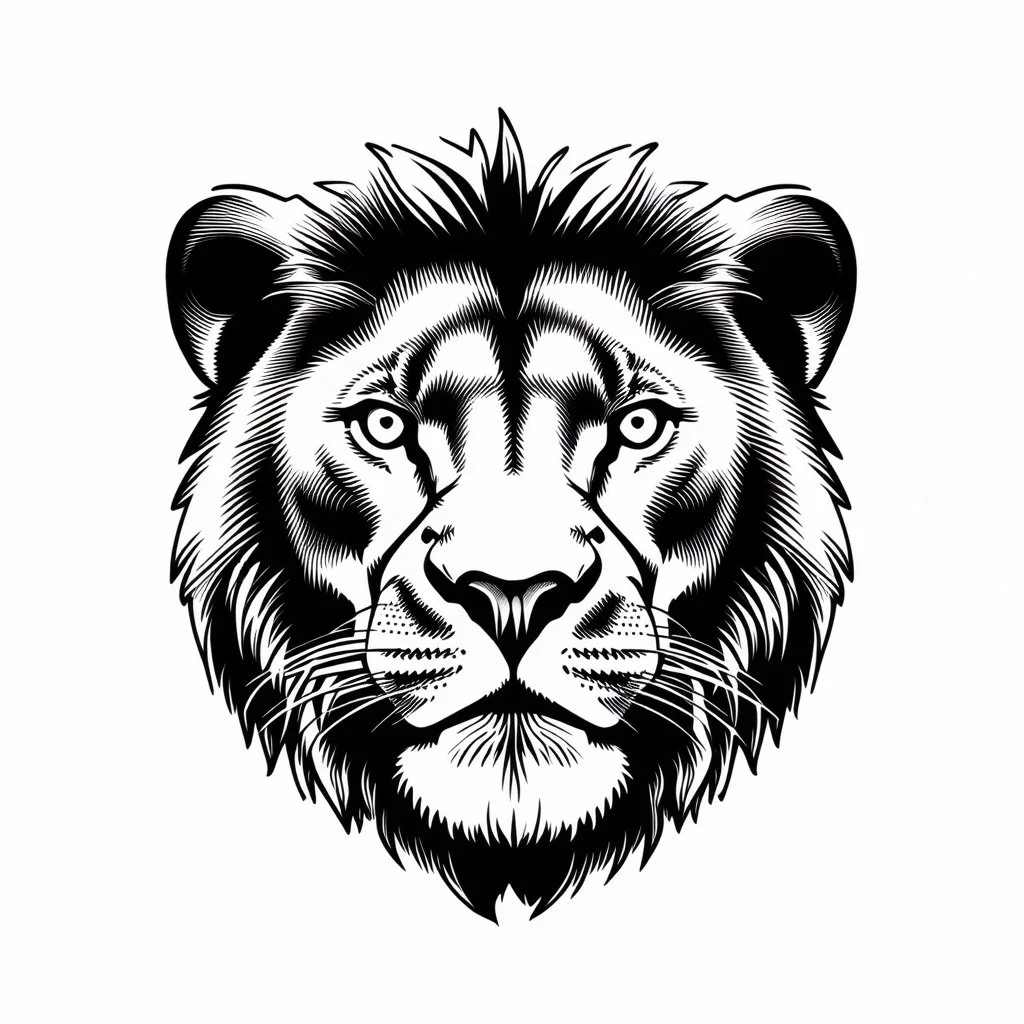 front facing lions face, black and white simplified vector