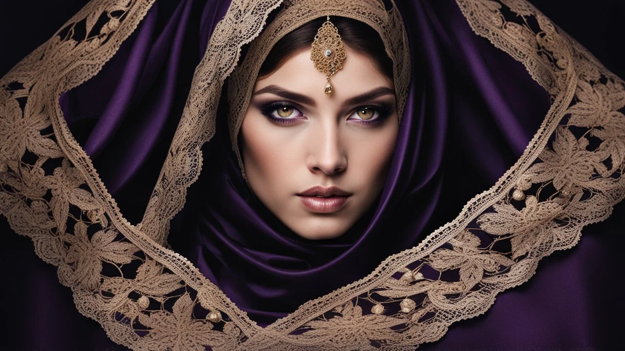 A woman with striking golden-brown eyes, which are partially concealed by a dark purple headscarf. Her shyly looking into the camera. The combination of her lace headscarf, beautiful eyes and the fine lace of her face veil creates an intriguing and visually appealing scene, highly detailed, high contrast, perfect lights, masterpiece