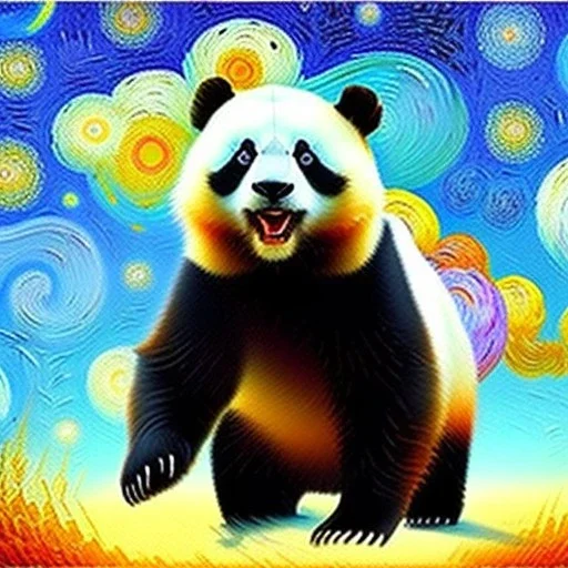 Dibujo al oleo de un oso panda con nubes de colores estilo Vincent van Gogh