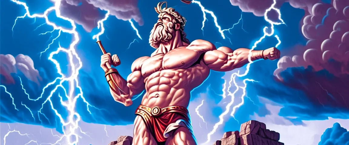 Detailed and realistic illustration of Greek god Zeus holding lightning in front of him Vintage style illustration. Red lightning. Ultra high resolution, realism, muscular, low fat percentage, blue clouds in the background, statue like, temple on the background, mount olympus on the background, lightning stricking on the background.