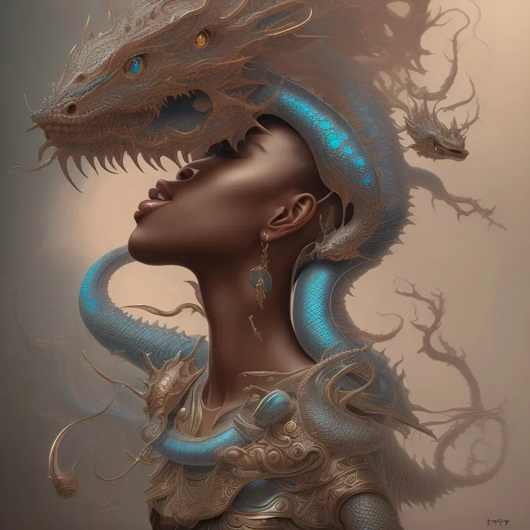 sango fantasy, fantasy magic, intricate, sharp focus, illustration, highly detailed, digital painting, concept art, matte, artgerm and paul lewin and kehinde wiley, masterpiece silver dragon head copper Asain African nice breast Afo woman turquoise waves