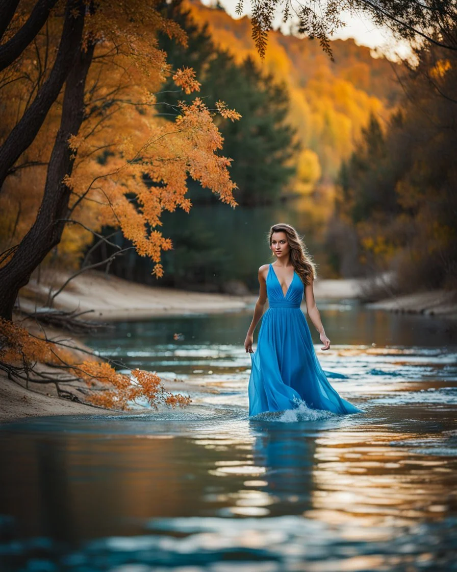 beautiful girl in pretty blue dress walking in water toward camera in trees next to wavy river with clear water and nice sands in floor.camera capture from her full body front,fall environment ,fallen leaves