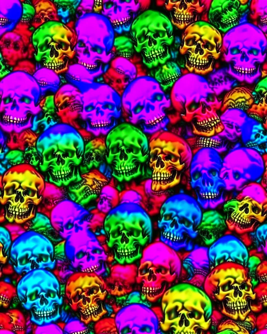 a field of skulls, multi colored, bright, vivid, psychedelic, high detailed, matte, , horrorcore, lining the street, unsettling contrast