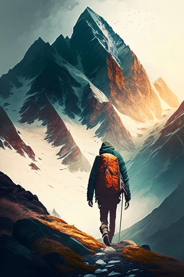 Escape to the mountains, person walking towards mountain