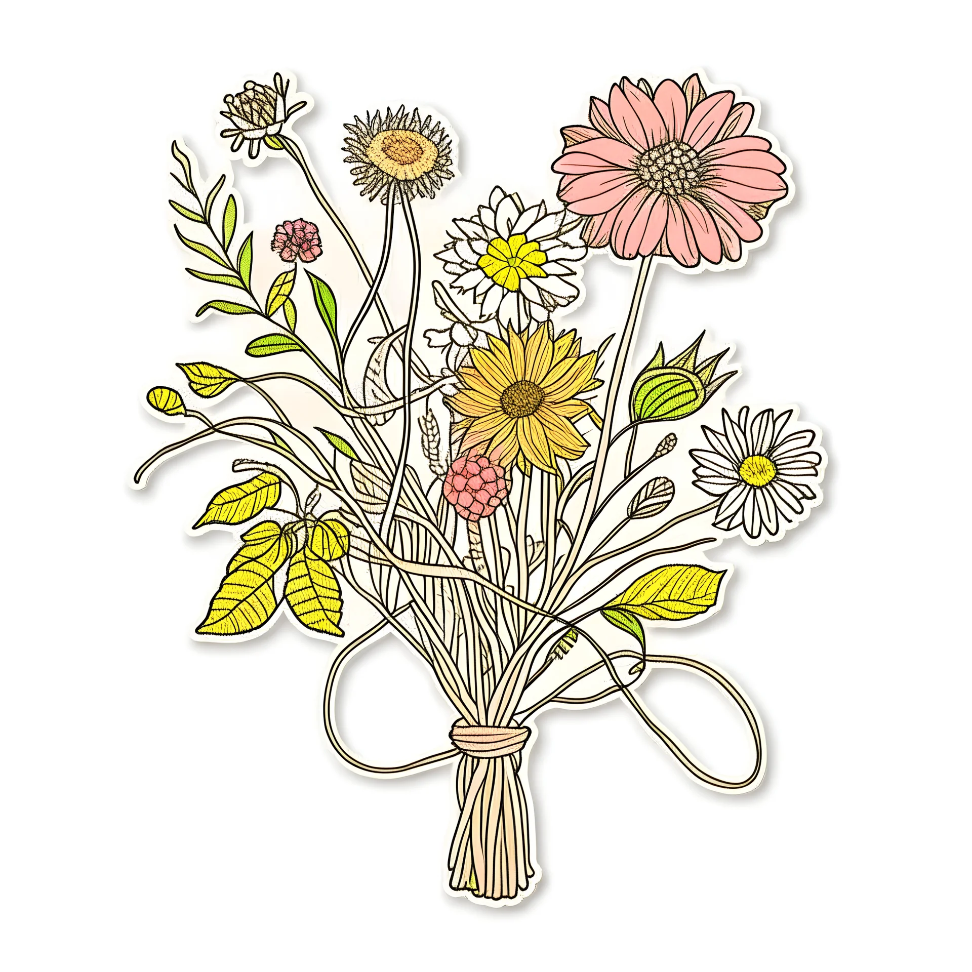 A bouquet of hand-drawn wildflowers in earthy tones, tied together with twine sticker on white background.