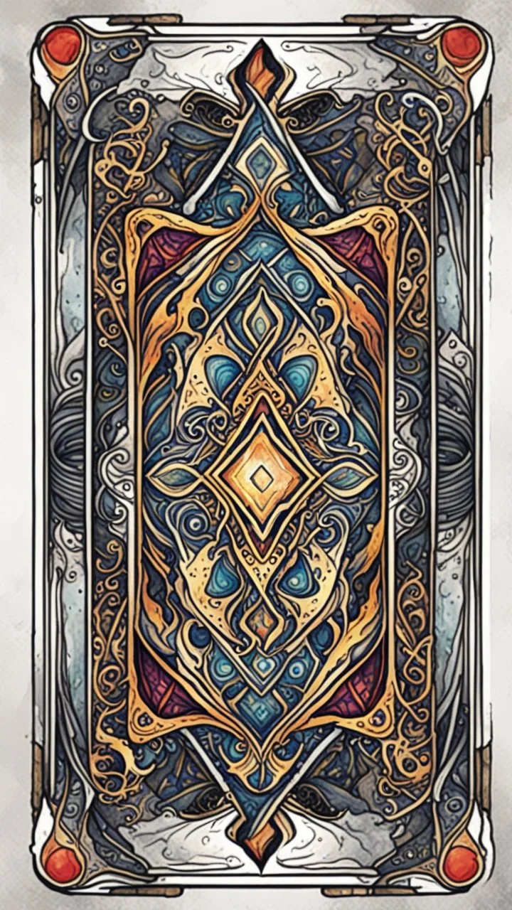 create a full color, ink wash and watercolor, ornate, abstract expressionist style bordered symmetric playing card template, finely lined, sharply detailed