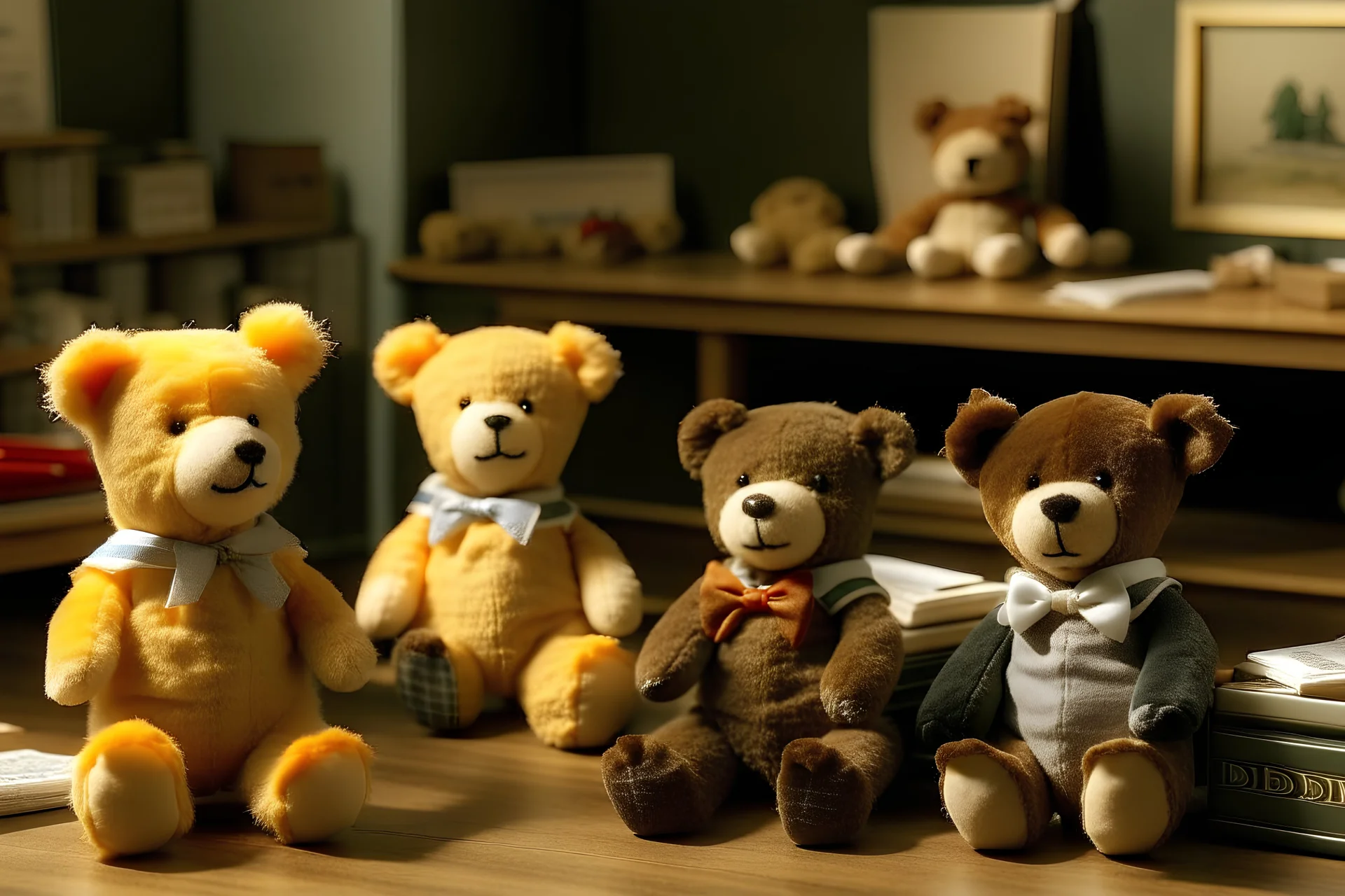six Steiff Teddy Bear children sitting at desks in a classroom facing a teddy bear teacher standing in front at a blackboard
