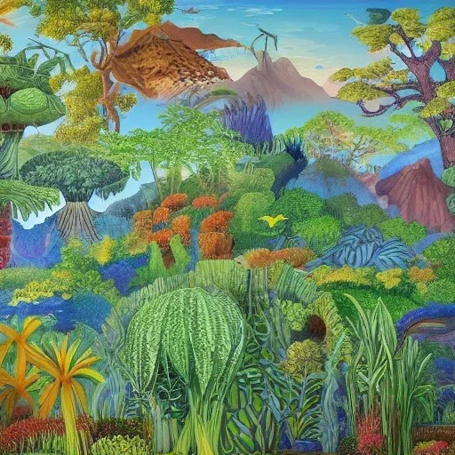 landscape mural of alien plants and animals