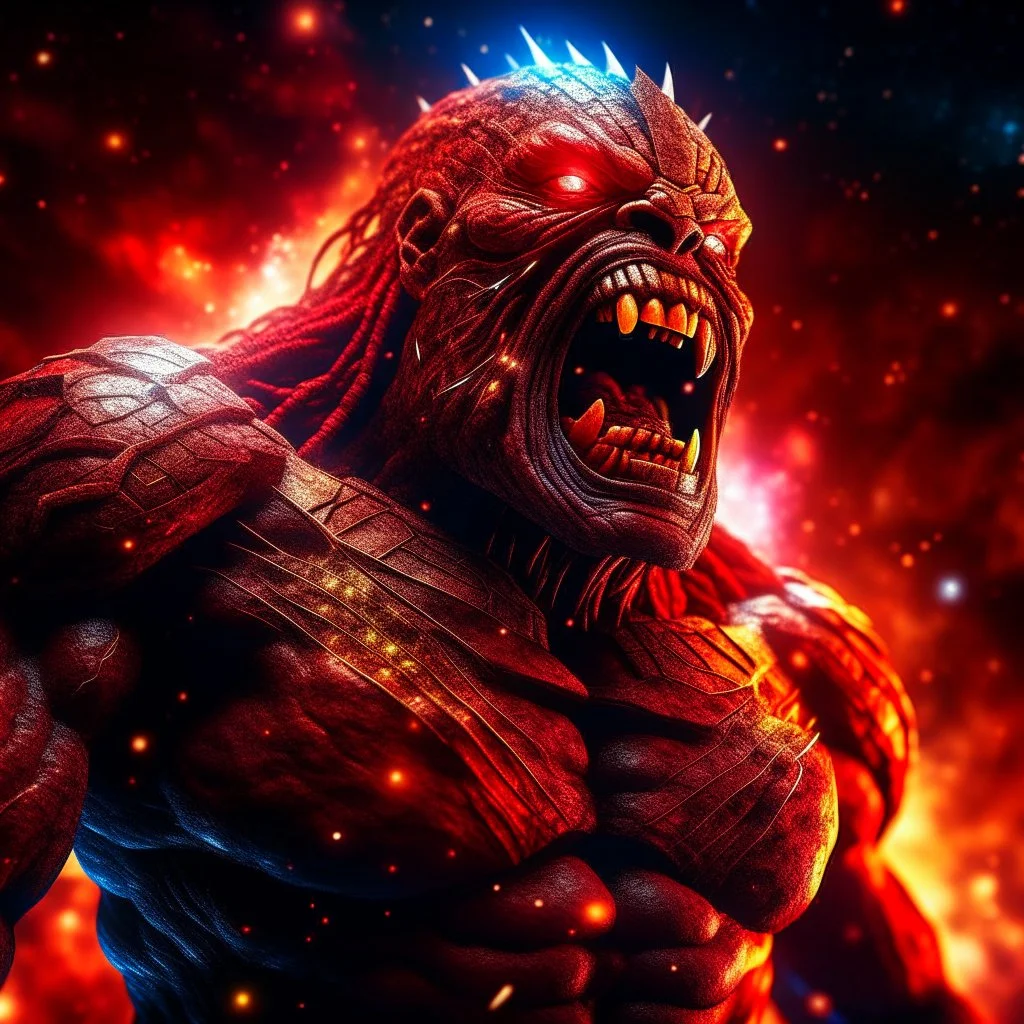 A colossal aztec titan towering amidst the stars, the angry titan screaming of anger and has red glowing eyes, galactic background, digital painting, sharp focus, high contrast, bright vibrant colors, cinematic masterpiece, shallow depth of field, bokeh, sparks, glitter, 16k resolution, photorealistic, intricate details, dramatic natural ligh