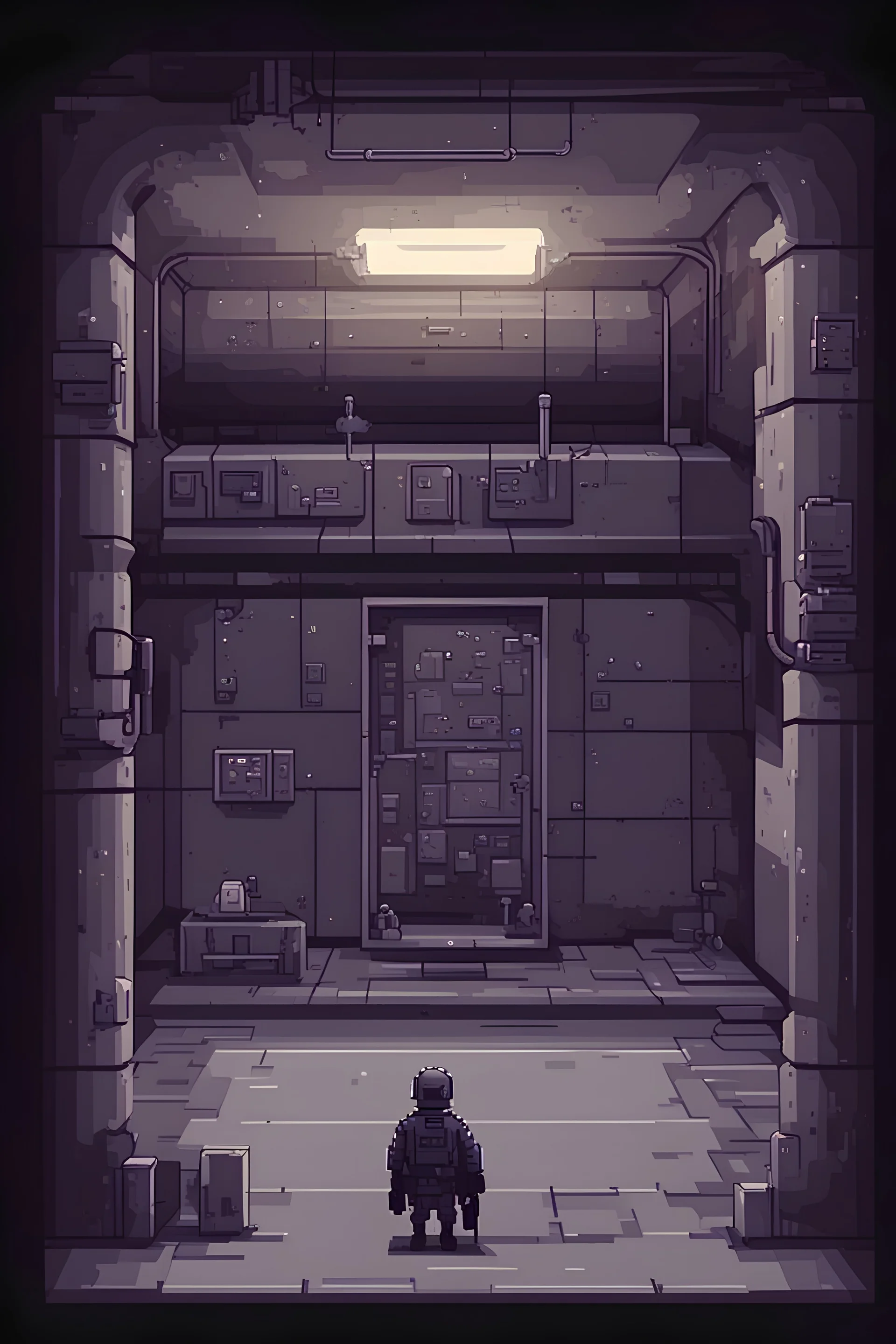 2d pixel art dark environement, old abandoned human underground military bunker, use for experimentation, laboratory. platform video game