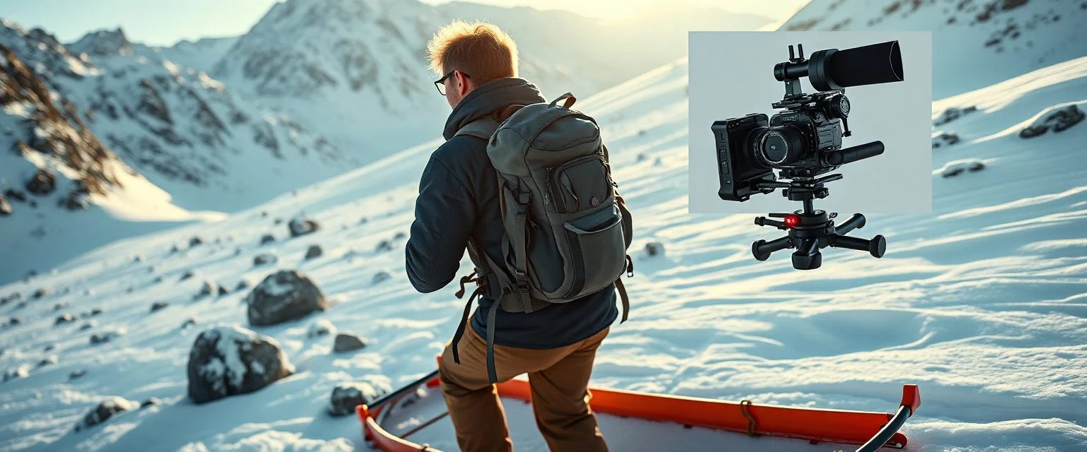 “Ultra-realistic outdoor adventure scene in snowy mountains. A rugged human adventurer carries a multifunctional backpack cam rig on a sled. The rig is integrated into the backpack with a telescopic camera mast, foldable sled/runners for low-angle shots, and small stabilizing wheels. Subtle LED lights on the rig glow softly. The backpack looks natural, weatherproof, and lightweight. Snow, rocks, and sunlight create natural shadows. The screen is split between footage and a pic of the equipment.