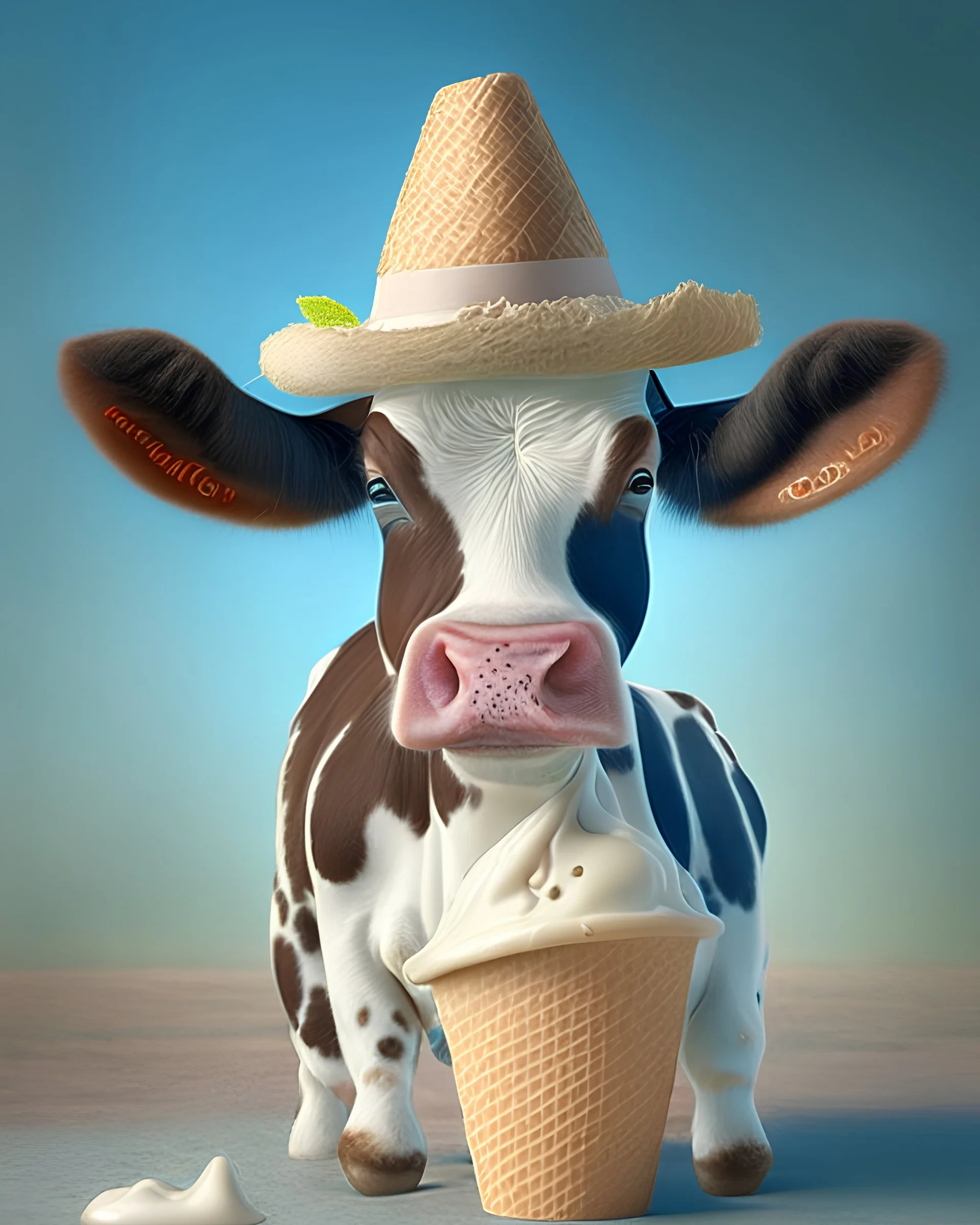 a little cow with hat and icecream realistic