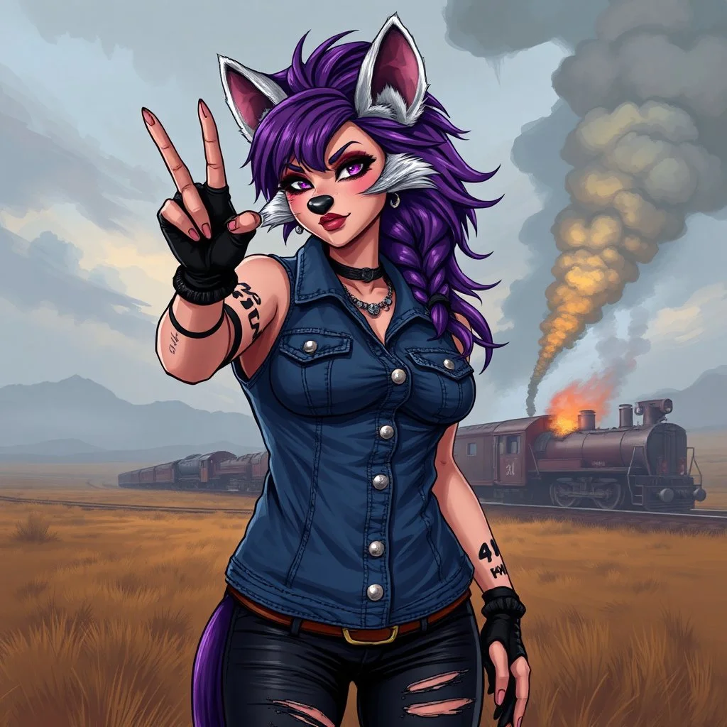 Denim vest, purple hair, anthropomorphic curvy, bottom-heavy she-hyena posing for a selfie with holding up two fingers, background is a train derailment with smoke in a field, digital illustration, SCUZZPUNK AESTHETIC: FILTH, GRIME, STINK... SCUZZ. And a DEVIL-MAY-CARE FLIRTATIOUS SASSY IRREVERENCE.