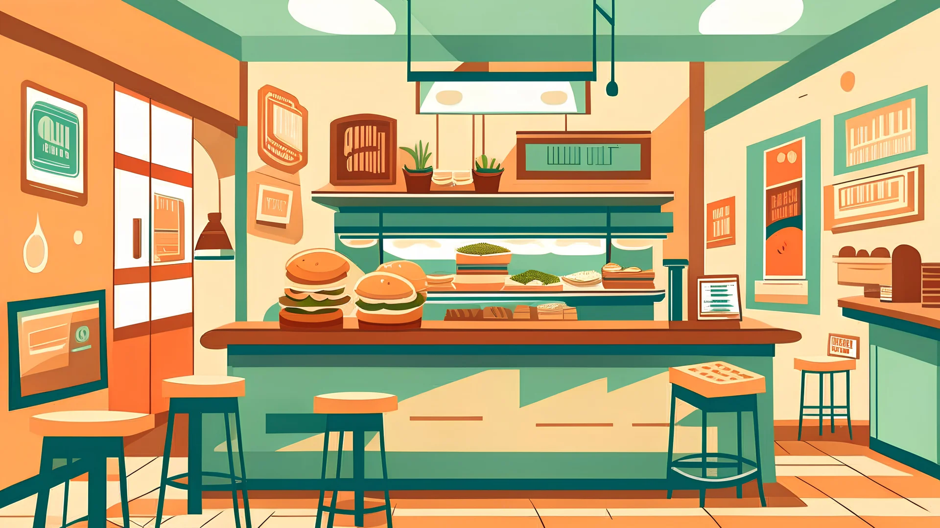 a vector graphic of a sandwich shop interior