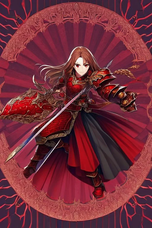 full body picture of a young woman with long brown hair, fantasy, dark, wearing black and red leather fantasy armor, evil, red eyes, smirk, confident, arrogant, anime, high resolution, hi res, detailed, intricate, fighting, warrior, detailed background