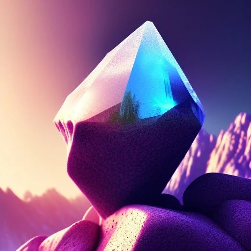 photograph of a (one massive colorful crystal:1.2) growing out of the crystal rocky mountain, (focus on crystal:1.2), 4k, 8k, (highly detailed), ((landscape)),(translucent crystal:1.1), light going trough the crystal, bokeh, chromatic aberration, mountain view, blu sky