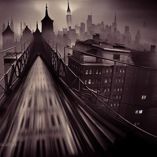 Bridge on rooftops Gotham Metropolis,European Neogothic imperial city, uphill Road, 1900s photograph, 8K resolution, #film, diffuse light,German noir,matte painting,chaos city, traffic,BioShock